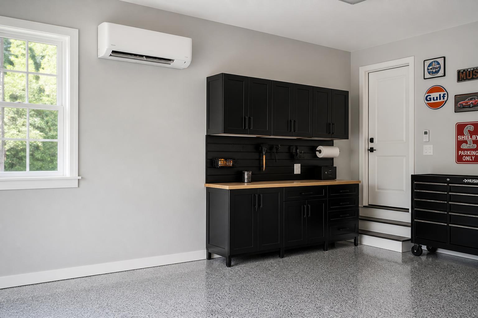 Mini-split climate control unit mounted in a finished garage